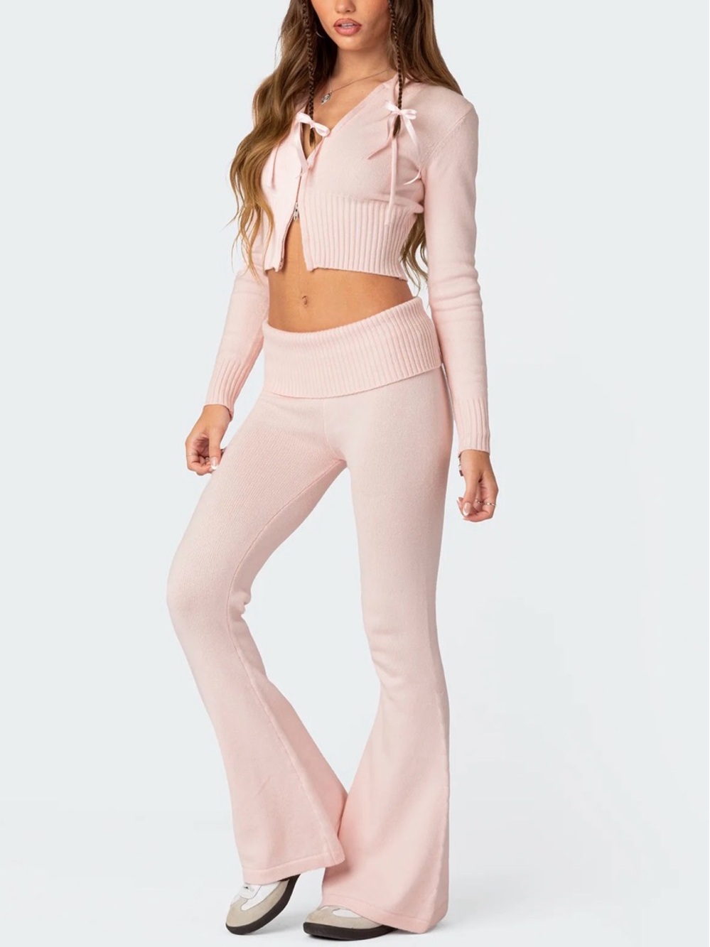 Edikted Pink Ribbed Flare Pants & Crop Cardigan Set